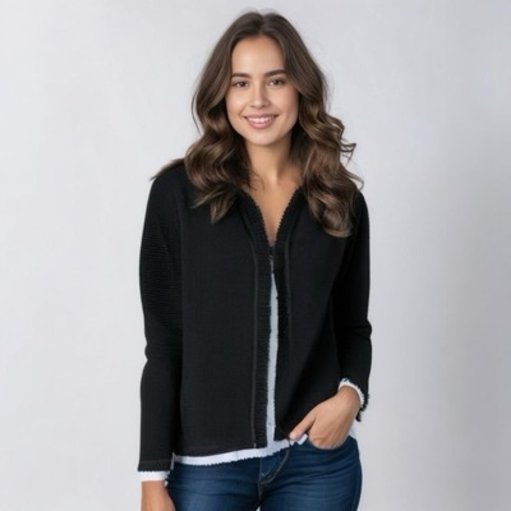 NIC+ZOE Black Fringe Open Front Long Sleeve Knit Cardigan Women S Excellent